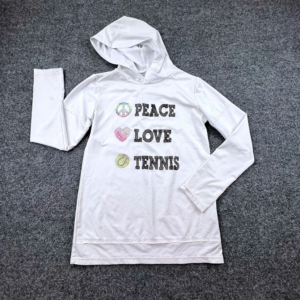 Lucky In Love Girls L 14 Tennis Hoodie Top Peace Love Tennis White Rhinestone‎
